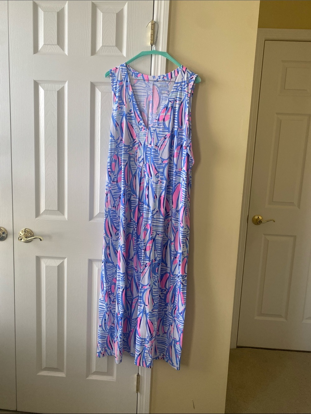 Lilly Pulitzer Blue and Pink Sleeveless V-Neck Maxi Dress